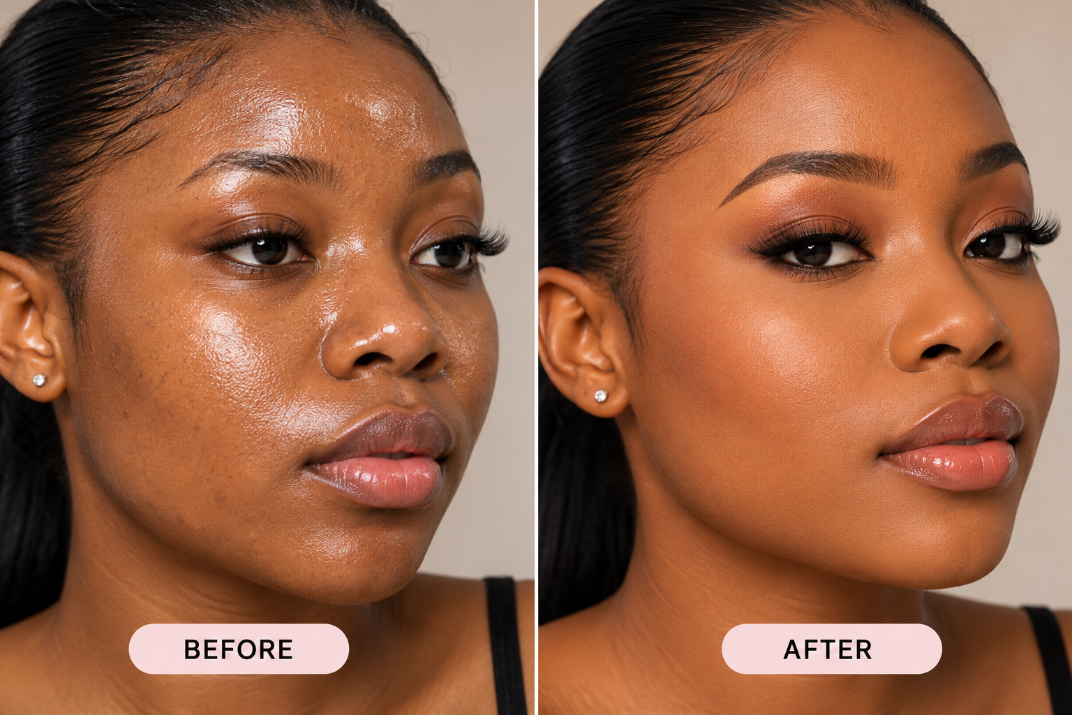 Brown-skinned woman with a polished makeup look