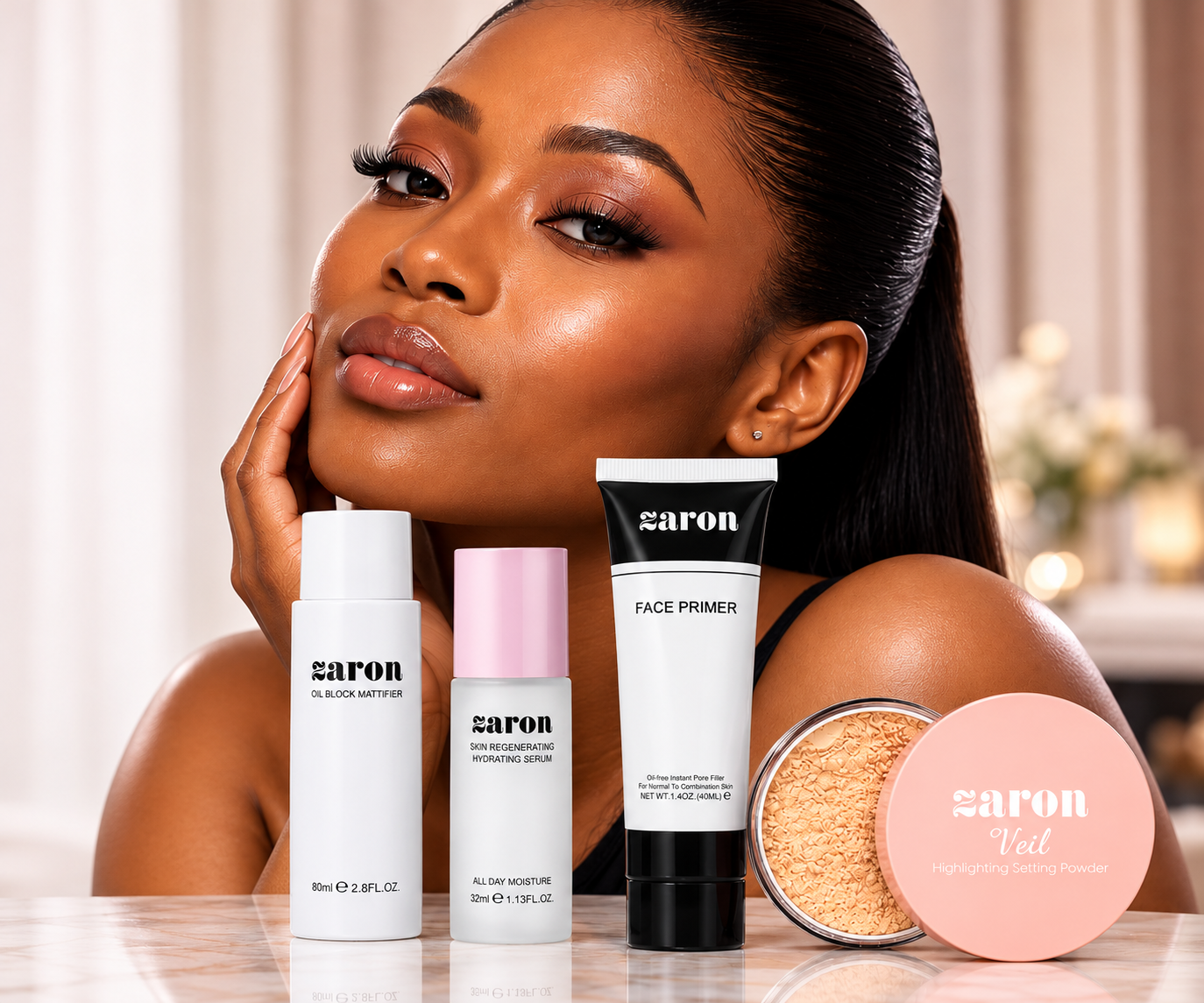 Brown-skinned beauty model with a smooth-looking matte makeup finish alongside Zaron products